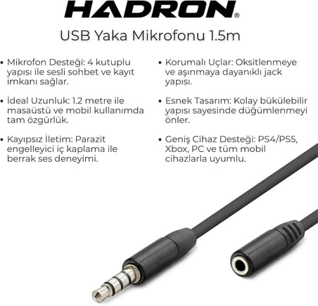 HDX1012 3.5mm TRRS 4 Kutuplu AUX Uzatma Kablosu 1.2 Metre, Mikrofon ve Ses Destekli Kulaklık Uzatıcı - Oyun Konsolu, Laptop ve Telefon Uyumlu (Siyah)