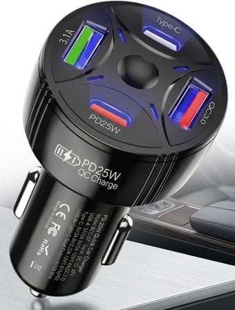 Super Şarj 4 Port PD25W, QC3.0, Araç Şarjı Çakmaklık, 2x Usb 2x Type-C, Çoklayıcı, 12-24V, 5V/6A Max