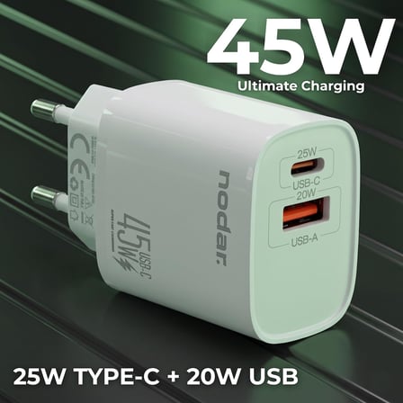 45W Çift Çıkışlı Hızlı Şarj Adaptörü (Type-C 25W + USB-A 20W), Güvenli Seyahat Şarj Başlığı, iPhone, Samsung ve Xiaomi ile Uyumlu, Beyaz