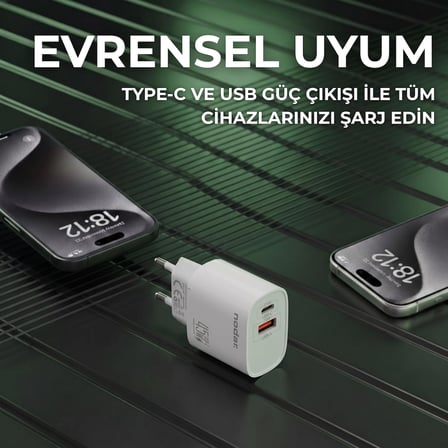 45W Çift Çıkışlı Hızlı Şarj Adaptörü (Type-C 25W + USB-A 20W), Güvenli Seyahat Şarj Başlığı, iPhone, Samsung ve Xiaomi ile Uyumlu, Beyaz