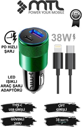 Araç Şarj Aleti Çakmaklık 38W Lightning |Type-C + USB Çift Portlu - Qualcomm QC 4.0 Desteği MT-A1834 Yeşil ile uyumlu