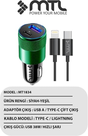 Araç Şarj Aleti Çakmaklık 38W Lightning |Type-C + USB Çift Portlu - Qualcomm QC 4.0 Desteği MT-A1834 Yeşil ile uyumlu