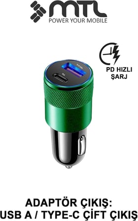 Araç Şarj Aleti Çakmaklık 38W Lightning |Type-C + USB Çift Portlu - Qualcomm QC 4.0 Desteği MT-A1834 Yeşil ile uyumlu