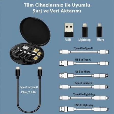 6İN1 Super Şarj 60W Şarj Kablo İstasyonu USB Typc-e Dönüştürücü, Sim Aparatlı Seyahat Seti Siyah