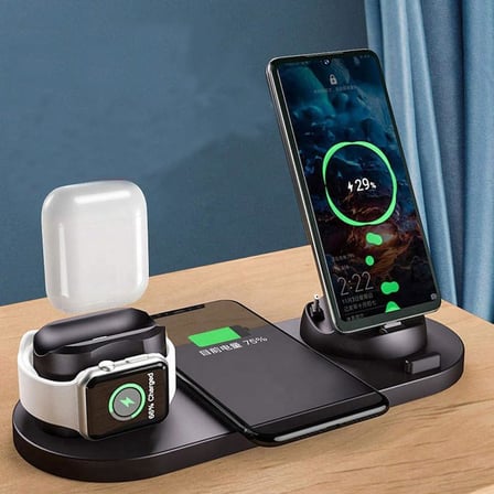 BW06 5in1 Kablosuz Wireless Hızlı Şarj Standı iWatch Airpods iPhone Samsung Uyumlu (Kablosuz Şarj Standı) -Siyah