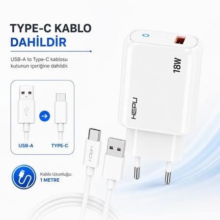 HP-618 18W 3A Hızlı Şarj Adaptörü – Qualcomm Quick Charge + Type-C Kablo Dahil