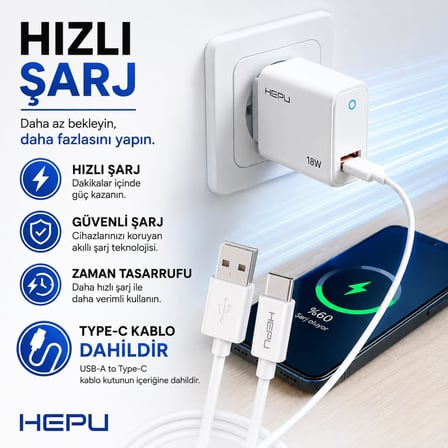 HP-618 18W 3A Hızlı Şarj Adaptörü – Qualcomm Quick Charge + Type-C Kablo Dahil