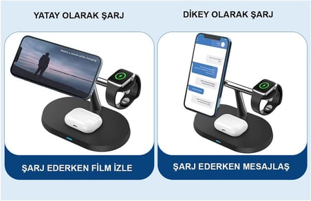 BW04 Apple Kablosuz Wireless Hızlı Şarj Standı Iwatch Airpods iPhone 11 11 Pro 12 12 Pro 13 13 Pro Xs Xr 8 Samsung Uyumlu-Siyah