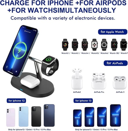 BW04 Apple Kablosuz Wireless Hızlı Şarj Standı Iwatch Airpods iPhone 11 11 Pro 12 12 Pro 13 13 Pro Xs Xr 8 Samsung Uyumlu-Siyah