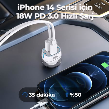 BX-CCP36WT 38W Type-C PD 20W ve USB-A QC 3.0 18W Çift Portlu LED Işıklı Araç Şarj Cihazı Beyaz iPhone 15/14/13/12/11/X/, iPad, Galaxy S24/S23/S22/S21/S20 ve Daha Fazlasıyla Uyumlu BXCCP36WT