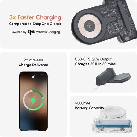 SnapGrip Pro - Kablosuz Deklanşör Düğmesi ile Mobil Pil Tutacağı - Manyetik Montaj Herhangi Bir Telefona Takılır - Qi 2 Kablosuz Şarjlı Dahili Powerbank - Masaüstü Yuvası (Taş)