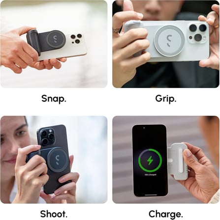 SnapGrip Pro - Kablosuz Deklanşör Düğmesi ile Mobil Pil Tutacağı - Manyetik Montaj Herhangi Bir Telefona Takılır - Qi 2 Kablosuz Şarjlı Dahili Powerbank - Masaüstü Yuvası (Taş)