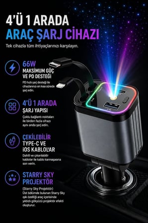 66W 4'ü 1 Arada Araç İçi Hızlı Şarj Cihazı, PD 3.0, Type-C ve USB Çıkışı, Type-C ve iOS Çekilebilir Kablo, Starry Sky Projektör, 12-24V, 800 mm Kablo, 4 Telefon Aynı Anda Şarj | CD-01