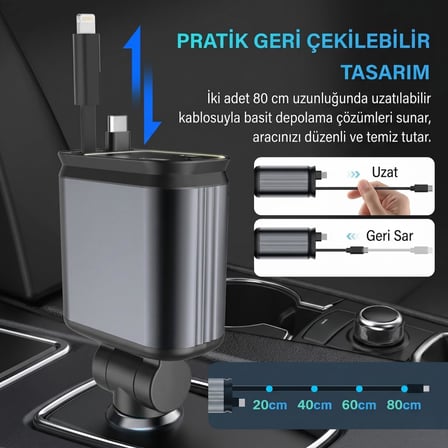 66W 4'ü 1 Arada Araç İçi Hızlı Şarj Cihazı, PD 3.0, Type-C ve USB Çıkışı, Type-C ve iOS Çekilebilir Kablo, Starry Sky Projektör, 12-24V, 800 mm Kablo, 4 Telefon Aynı Anda Şarj | CD-01