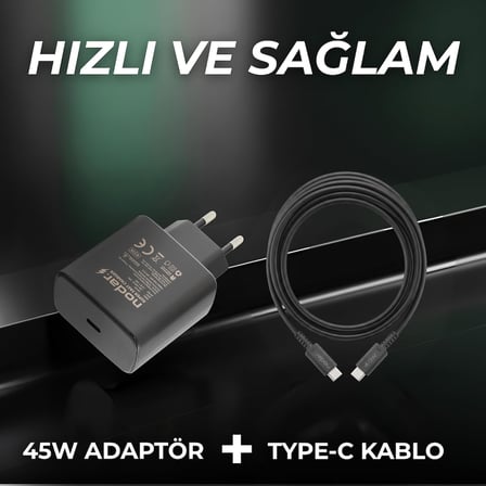 45W Süper Hızlı USB-C Şarj Aleti Seti | 1 Metre Type-C to Type-C Kablo Dahil | PD Hızlı Şarj, Kısa Devre ve Yüksek Voltaj Korumalı | Siyah, ND1007