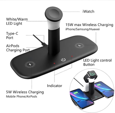 BW02 Apple Kablosuz Wireless Hızlı Şarj Standı Iwatch Airpods iPhone 11 11 Pro 12 12 Pro 13 13 Pro Xs Xr 8 Samsung Uyumlu-Siyah