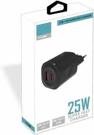 Yetty 25W USB-C (PD)+18W USB-A (QC) Süper Hızlı Şarj Adaptörü Tek Başlık Siyah YT-25B (Yerli Üretim)