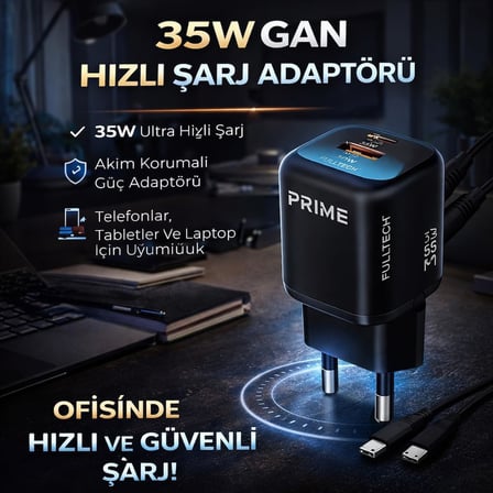 35W Gan Hızlı Şarj Adaptörü, Hızlı Şarj Başlığı,1x Type-C Girişi, 1x Usb Girişi, Güçlü Performans, Aşırı Gerilim, Kısa Devre, Isınma ve Akım Koruması, Gelişmiş Güvenlik ve Geniş Uyumluluk (kablo dahi)