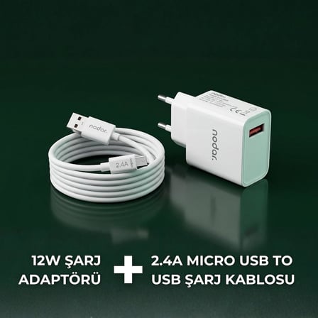 12W 2.4A Micro USB Hızlı Şarj Seti - USB Duvar Adaptörü ve Hızlı Şarj/Data Kablosu, Akıllı Akım Korumalı Ev ve Seyahat Tipi Şarj Cihazı (Parlak Beyaz)