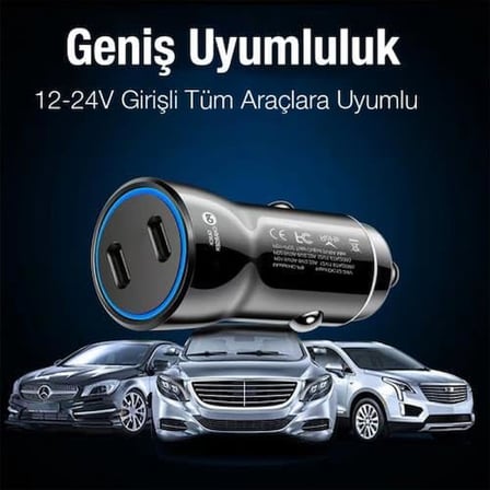 60W Turbo Araç Şarjı 2 Type-c Girişli Şarj Akım Korumalı Araç Çakmaklık Şarjı 12v-24v Araç Şarj