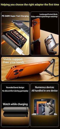 240W USB-C Katlanabilir Telefon Standlı Şarj Adaptörü – 480Mbps Veri Aktarımı, 90 Derece Dirsek Tasarım FPS-01