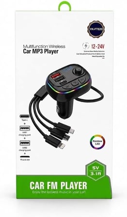 YK-FT620 Led Işıklı, Bütün Telefonlarla Uyumlu 3 lü Kablolu, Araç FM Transmitter 5.0 Bluetooth Araç Kiti, 3.1amper Hızlı Şarj Çakmaklık Girişli
