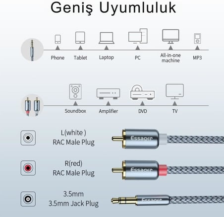 Pro Series 3 Metre 3.5MM Jack to RCA Stereo Ses Sistemi Kablosu, Amfi, Hoparlör, TV Ses Sistemi Kablosu