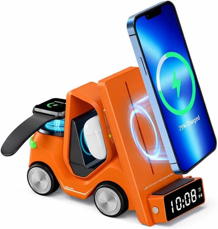 T20 15W 5'i 1 Arada Magsafe Kablosuz Şarj İstasyonu, Dijital Saatli Forklift Tasarım, iPhone 16/15/14/13/12, Apple Watch, AirPods Uyumlu Masaüstü Hızlı Şarj Standı (Turuncu)
