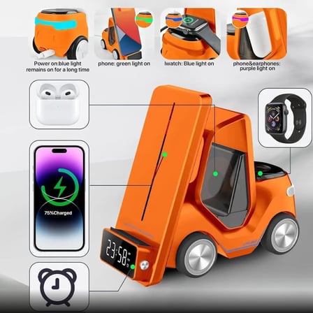 T20 15W 5'i 1 Arada Magsafe Kablosuz Şarj İstasyonu, Dijital Saatli Forklift Tasarım, iPhone 16/15/14/13/12, Apple Watch, AirPods Uyumlu Masaüstü Hızlı Şarj Standı (Turuncu)
