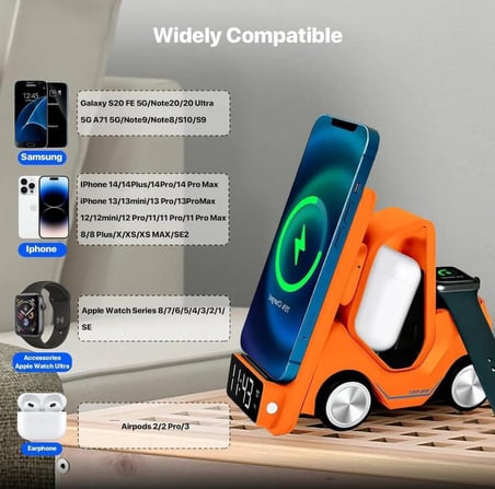 T20 15W 5'i 1 Arada Magsafe Kablosuz Şarj İstasyonu, Dijital Saatli Forklift Tasarım, iPhone 16/15/14/13/12, Apple Watch, AirPods Uyumlu Masaüstü Hızlı Şarj Standı (Turuncu)