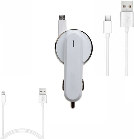3.1A 15watt Araç Şarj Aleti Micro USB Kırılmaz Kablo + Lighting ile Uyumlu Kablo Hediyeli + Type-C Kablo Hediyeli (Tüm Telefon Girişlerine uyumludur)