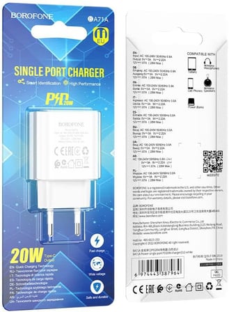 USB-C Duvar Tipi Şarj Cihazı PD20W Şarj Kafa USB 20W Çıkış 79 x 41 x 26mm BA71A (Beyaz)