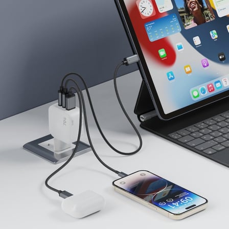 70W Hızlı Şarj Adaptörü, 3 Port (2x USB-C + USB-A), Akıllı Çip Korumalı, Macbook Uyumlu