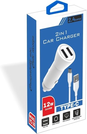Yetty 12W 2 in 1 Araç Şarj Cihazı +1m Type-C Kablo Beyaz YC-30T (Yerli Üretim)