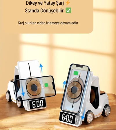 T20 15W 5'i 1 Arada Magsafe Kablosuz Şarj İstasyonu, Dijital Saatli Forklift Tasarım, iPhone 16/15/14/13/12, Apple Watch, AirPods Uyumlu Masaüstü Hızlı Şarj Standı, Beyaz
