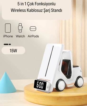 T20 15W 5'i 1 Arada Magsafe Kablosuz Şarj İstasyonu, Dijital Saatli Forklift Tasarım, iPhone 16/15/14/13/12, Apple Watch, AirPods Uyumlu Masaüstü Hızlı Şarj Standı, Beyaz