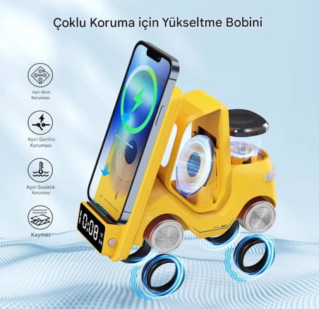 T20 15W 5'i 1 Arada Magsafe Kablosuz Şarj İstasyonu, Dijital Saatli Forklift Tasarım, iPhone 16/15/14/13/12, Apple Watch, AirPods Uyumlu Masaüstü Hızlı Şarj Standı (Sarı)