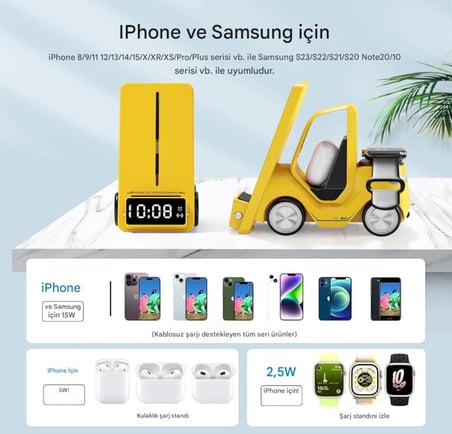 T20 15W 5'i 1 Arada Magsafe Kablosuz Şarj İstasyonu, Dijital Saatli Forklift Tasarım, iPhone 16/15/14/13/12, Apple Watch, AirPods Uyumlu Masaüstü Hızlı Şarj Standı (Sarı)