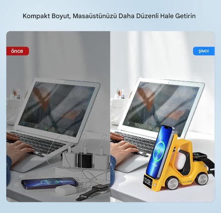 T20 15W 5'i 1 Arada Magsafe Kablosuz Şarj İstasyonu, Dijital Saatli Forklift Tasarım, iPhone 16/15/14/13/12, Apple Watch, AirPods Uyumlu Masaüstü Hızlı Şarj Standı (Sarı)