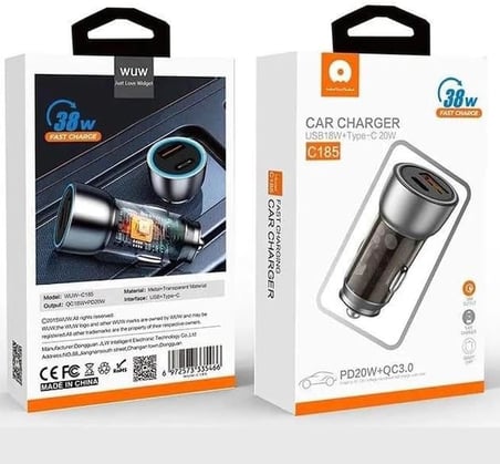 38W Hızlı Şarj Araç Çakmak Şarj Cihazı Dual Port USB 18W + Type-C 20W PD20W+QC3.0 - C185
