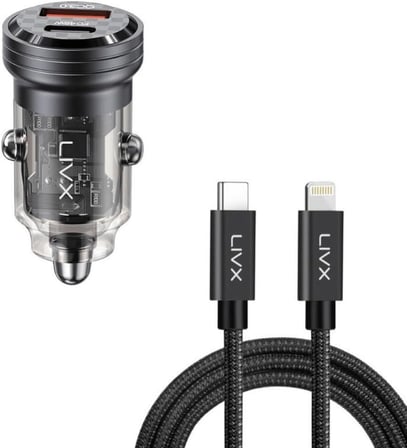 Transparent 45W PD/QC Mini Araç şarj Cihazı ve 50cm iPhone Hızlı Şarj Kablosu L35 - BLT-50