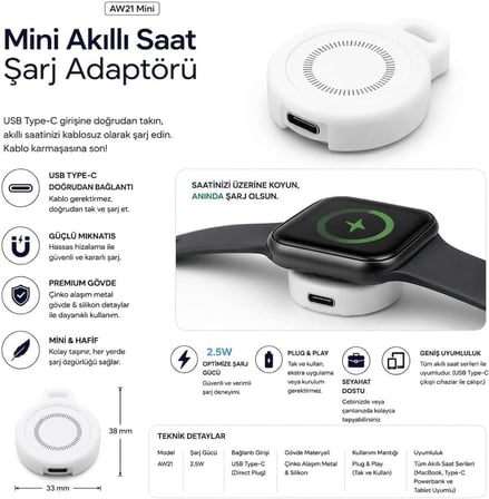 Apple Watch İçin Kablosuz Şarj Cihazı – 2.5W USB-C Girişli ve Metal Gövdeli Mini Şarj Adaptörü Tüm Watch Serileri (Series 1-9, SE, Ultra)