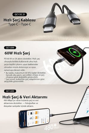 Type-C Şarj Kablosu 60W 1.2 Metre Halat Örgü 480Mbps Kırılmaz Bükülmez Data Kablosu Dc21,Siyah