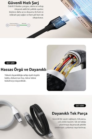 Type-C Şarj Kablosu 60W 1.2 Metre Halat Örgü 480Mbps Kırılmaz Bükülmez Data Kablosu Dc21,Siyah