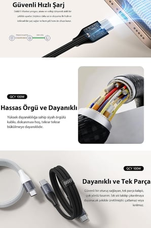 100W Type-C Şarj Kablosu 1.2 Metre Halat Örgü 480Mbps Kırılmaz Bükülmez Data Kablosu Dc22,Siyah