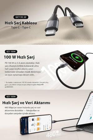 100W Type-C Şarj Kablosu 1.2 Metre Halat Örgü 480Mbps Kırılmaz Bükülmez Data Kablosu Dc22,Siyah