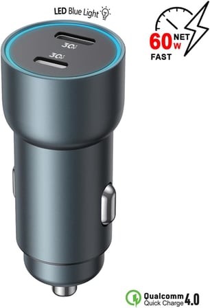 Araç Şarj Aleti Çakmaklık 60W Lightning ve Type-C Çift Portlu - Qualcomm QC 4.0 Desteği MT-A1836 Gri ile uyumlu