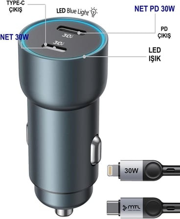 Araç Şarj Aleti Çakmaklık 60W Lightning ve Type-C Çift Portlu - Qualcomm QC 4.0 Desteği MT-A1836 Gri ile uyumlu