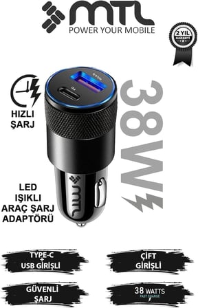 Araç Şarj Aleti Çakmaklık 38W Type-C + USB Çift Portlu - Qualcomm QC 4.0 Desteği MT-A1833 Siyah ile uyumlu