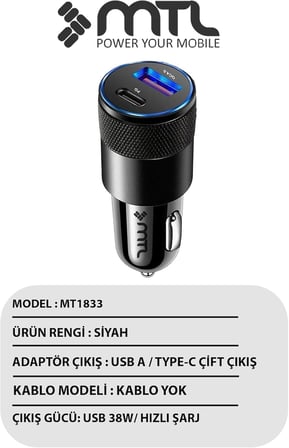Araç Şarj Aleti Çakmaklık 38W Type-C + USB Çift Portlu - Qualcomm QC 4.0 Desteği MT-A1833 Siyah ile uyumlu